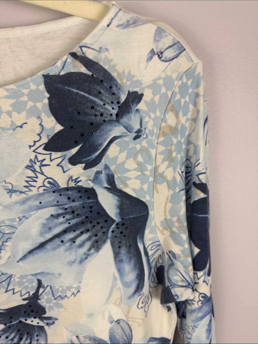 Olsen Europe Cotton Blue Floral Watercolor Embellished 3/4 Sleeve Top Size M 10 - Picture 7 of 13